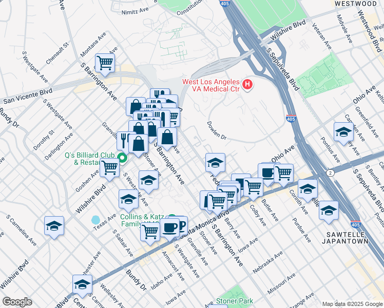 map of restaurants, bars, coffee shops, grocery stores, and more near 1295 Federal Avenue in Los Angeles