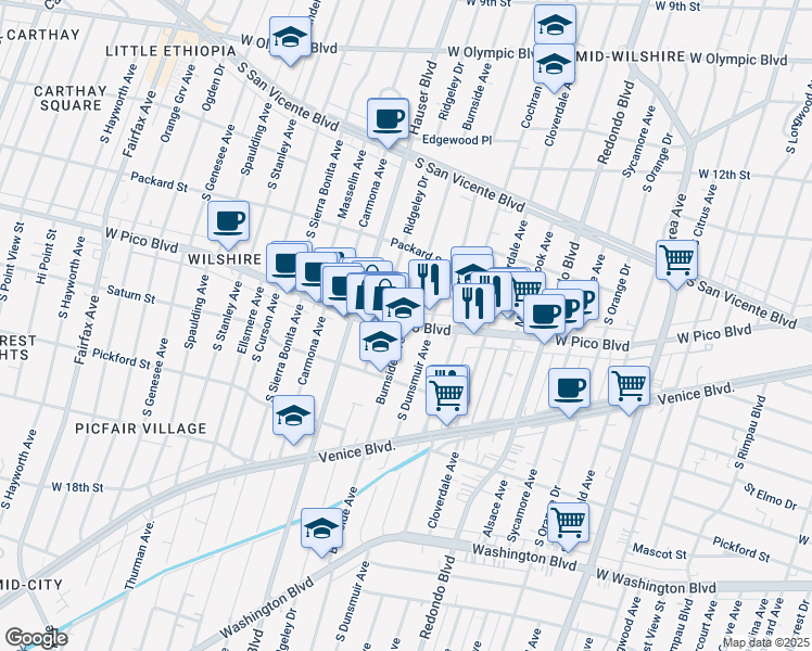 map of restaurants, bars, coffee shops, grocery stores, and more near West Pico Boulevard & South Burnside Avenue in Los Angeles