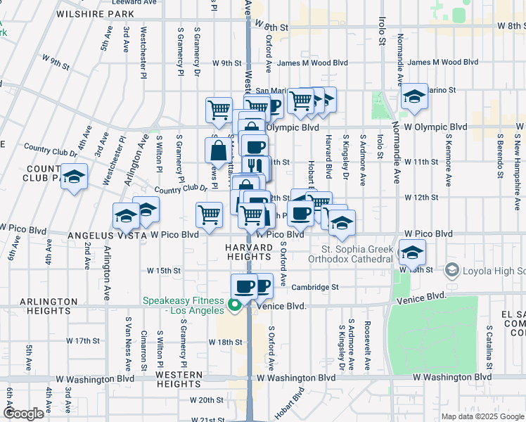 map of restaurants, bars, coffee shops, grocery stores, and more near 3061 West 12th Place in Los Angeles