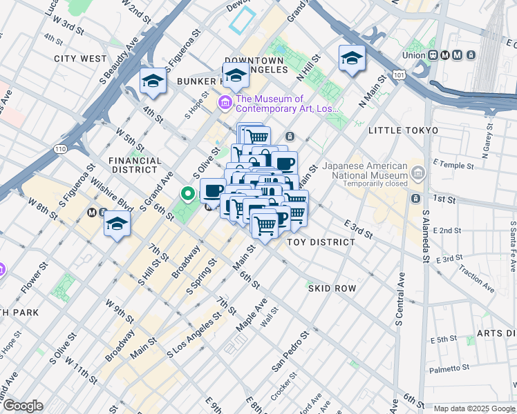 map of restaurants, bars, coffee shops, grocery stores, and more near 120 West 4th Street in Los Angeles