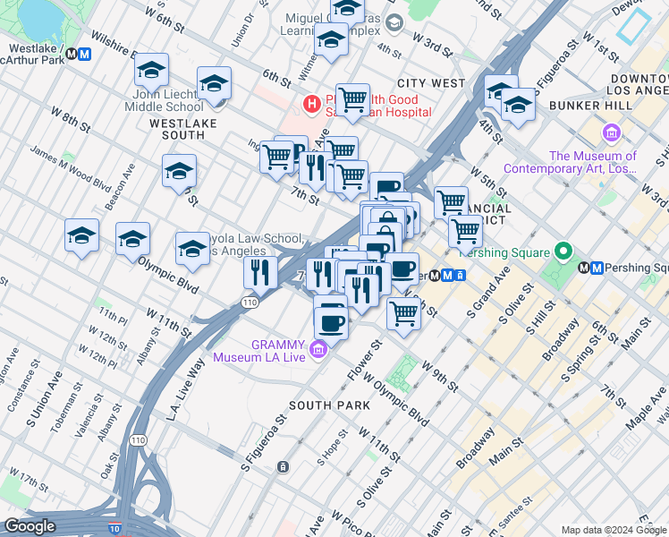map of restaurants, bars, coffee shops, grocery stores, and more near in Los Angeles