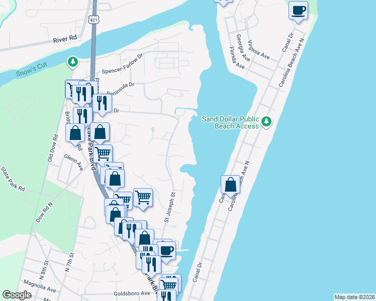 map of restaurants, bars, coffee shops, grocery stores, and more near 1200 Saint Joseph Street in Carolina Beach