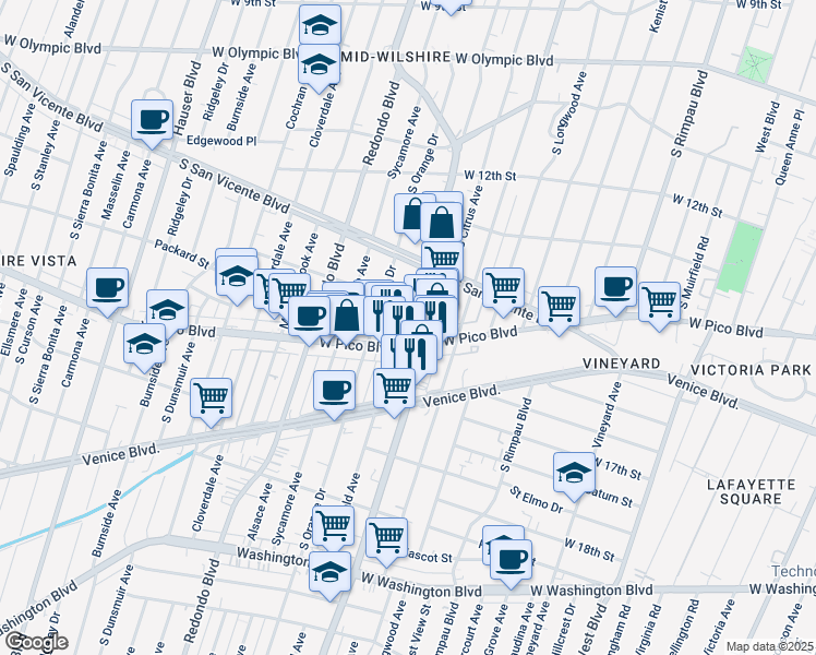 map of restaurants, bars, coffee shops, grocery stores, and more near 1372 South Mansfield Avenue in Los Angeles