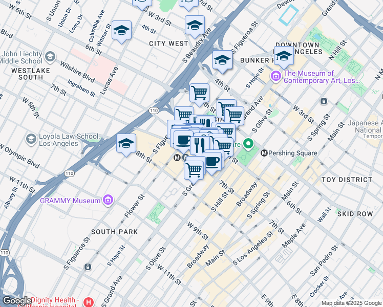 map of restaurants, bars, coffee shops, grocery stores, and more near 655 South Hope Street in Los Angeles