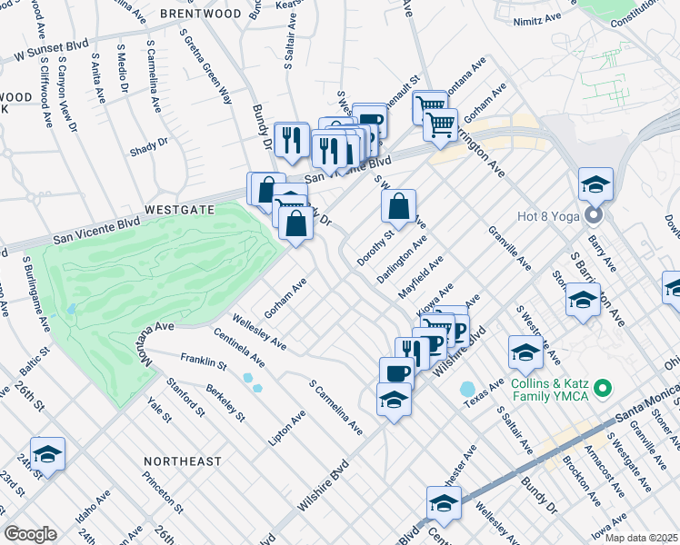 map of restaurants, bars, coffee shops, grocery stores, and more near 879 South Bundy Drive in Los Angeles