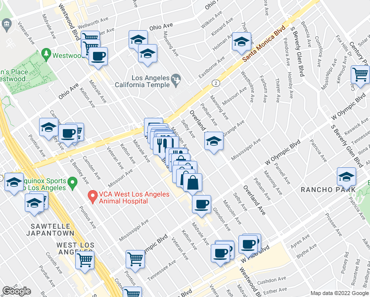 map of restaurants, bars, coffee shops, grocery stores, and more near 1931 Malcolm Avenue in Los Angeles