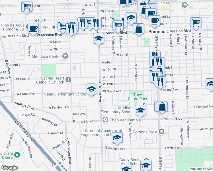 map of restaurants, bars, coffee shops, grocery stores, and more near 818 West 12th Street in Pomona