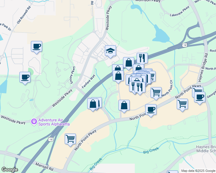 map of restaurants, bars, coffee shops, grocery stores, and more near 333 North Point Center East in Alpharetta