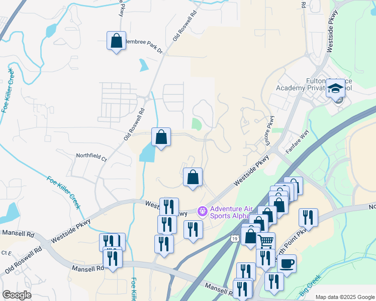 map of restaurants, bars, coffee shops, grocery stores, and more near 1125 Sanctuary Parkway in Alpharetta