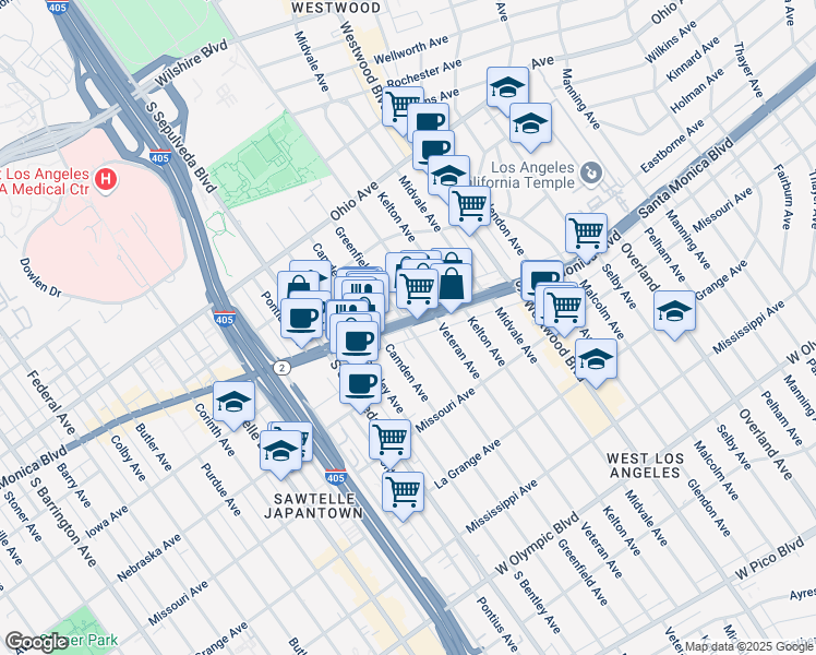 map of restaurants, bars, coffee shops, grocery stores, and more near Santa Monica Boulevard & Greenfield Avenue in Los Angeles