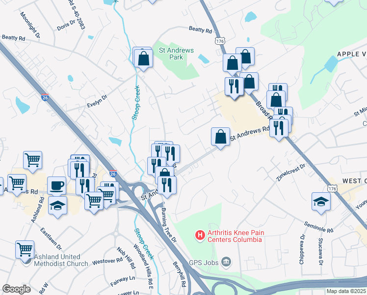 map of restaurants, bars, coffee shops, grocery stores, and more near 3116 Avalee Ave in Columbia