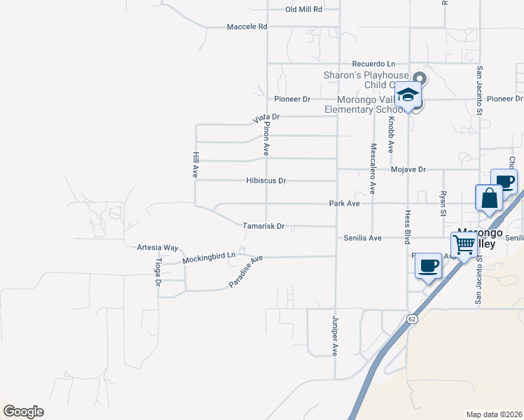 map of restaurants, bars, coffee shops, grocery stores, and more near 49127 Park Avenue in Morongo Valley