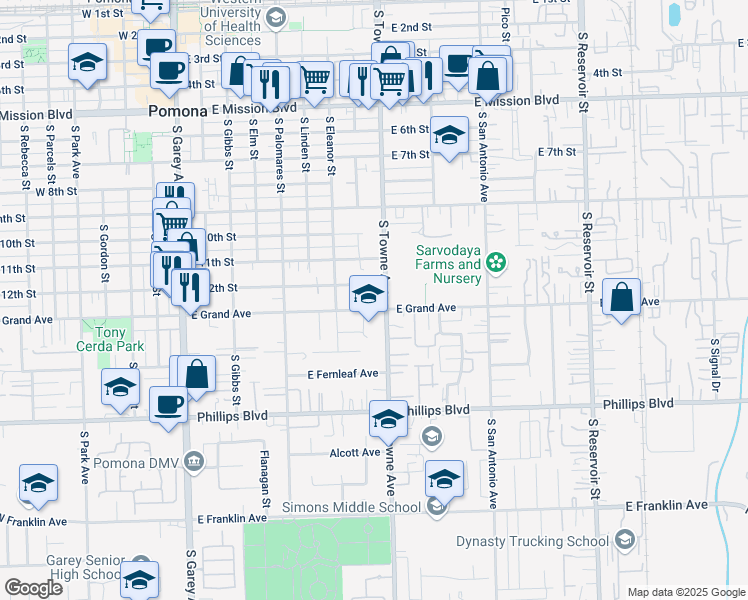 map of restaurants, bars, coffee shops, grocery stores, and more near 1295 South Towne Avenue in Pomona