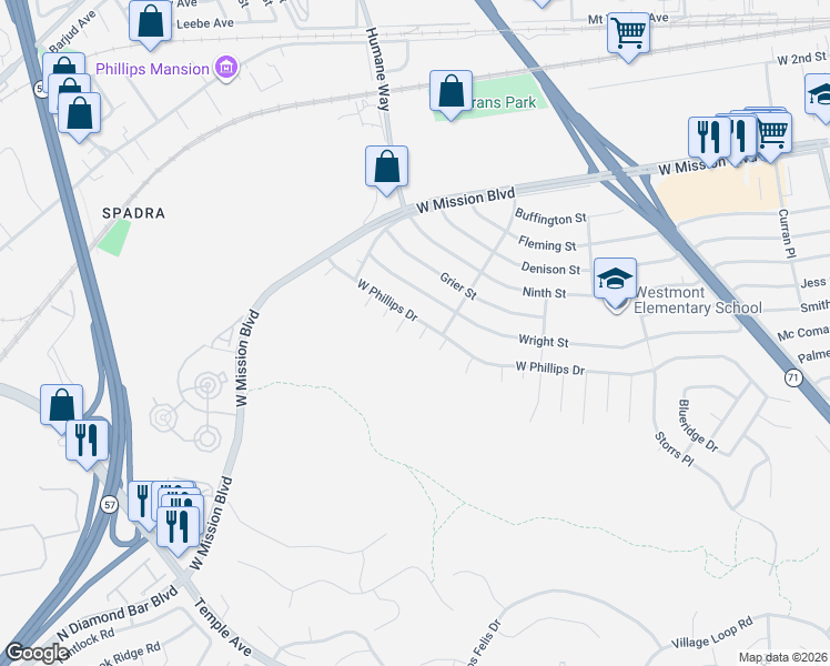map of restaurants, bars, coffee shops, grocery stores, and more near 1211 Messina Place in Pomona