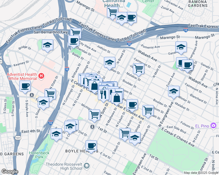 map of restaurants, bars, coffee shops, grocery stores, and more near 2342 Folsom Street in Los Angeles