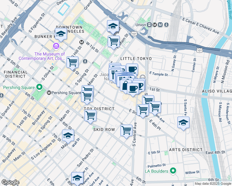 map of restaurants, bars, coffee shops, grocery stores, and more near 312 Azusa Street in Los Angeles