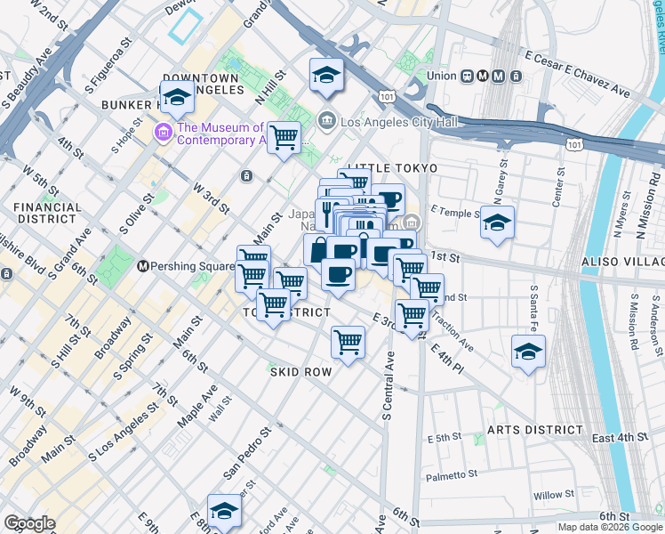 map of restaurants, bars, coffee shops, grocery stores, and more near 312 Azusa Street in Los Angeles