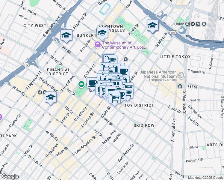 map of restaurants, bars, coffee shops, grocery stores, and more near 120 West 4th Street in Los Angeles