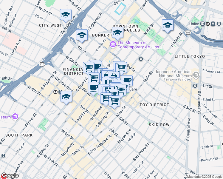 map of restaurants, bars, coffee shops, grocery stores, and more near 215 West 5th Street in Los Angeles