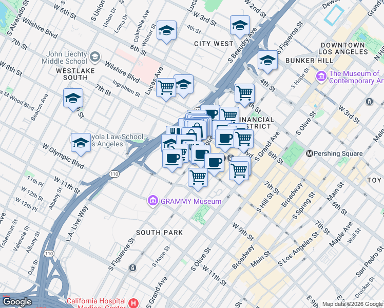map of restaurants, bars, coffee shops, grocery stores, and more near in Los Angeles