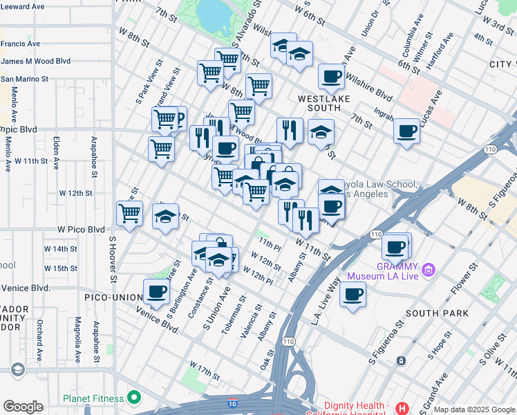 map of restaurants, bars, coffee shops, grocery stores, and more near 1029 South Union Avenue in Los Angeles