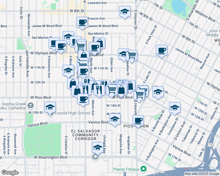 map of restaurants, bars, coffee shops, grocery stores, and more near 1220 South Westmoreland Avenue in Los Angeles