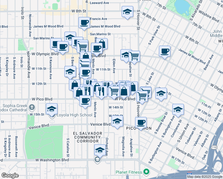 map of restaurants, bars, coffee shops, grocery stores, and more near 1220 South Westmoreland Avenue in Los Angeles