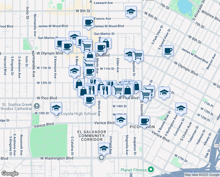 map of restaurants, bars, coffee shops, grocery stores, and more near 1220 South Westmoreland Avenue in Los Angeles