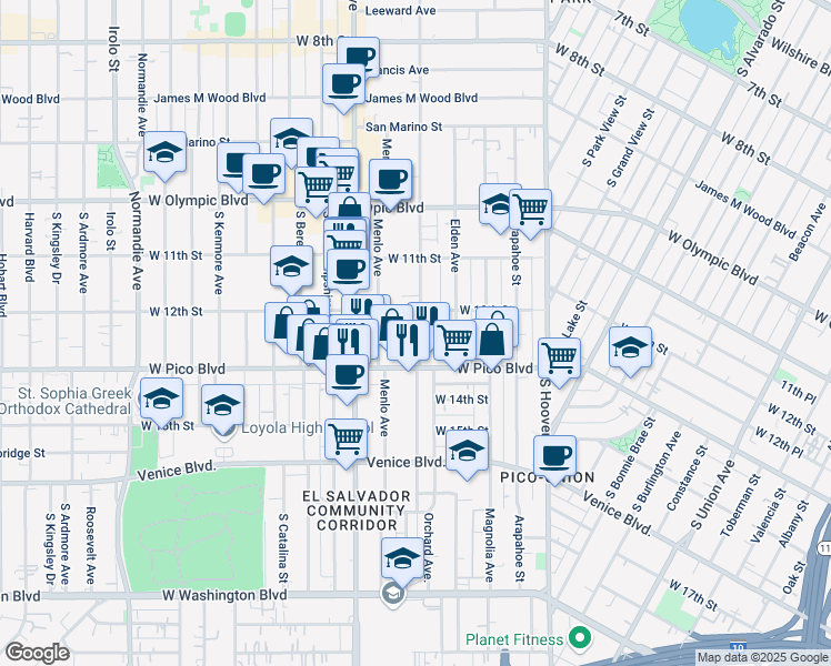 map of restaurants, bars, coffee shops, grocery stores, and more near 1220 Menlo Avenue in Los Angeles