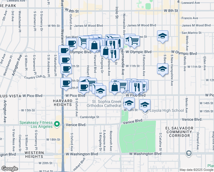 map of restaurants, bars, coffee shops, grocery stores, and more near 1218 South Ardmore Avenue in Los Angeles