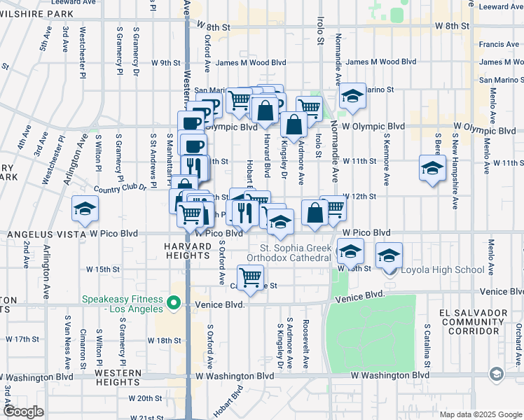 map of restaurants, bars, coffee shops, grocery stores, and more near 1214 South Hobart Boulevard in Los Angeles