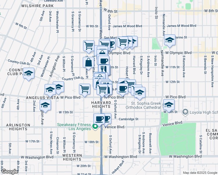 map of restaurants, bars, coffee shops, grocery stores, and more near 3055 West 12th Place in Los Angeles