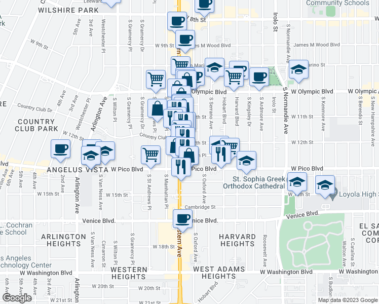 map of restaurants, bars, coffee shops, grocery stores, and more near 3055 West 12th Place in Los Angeles