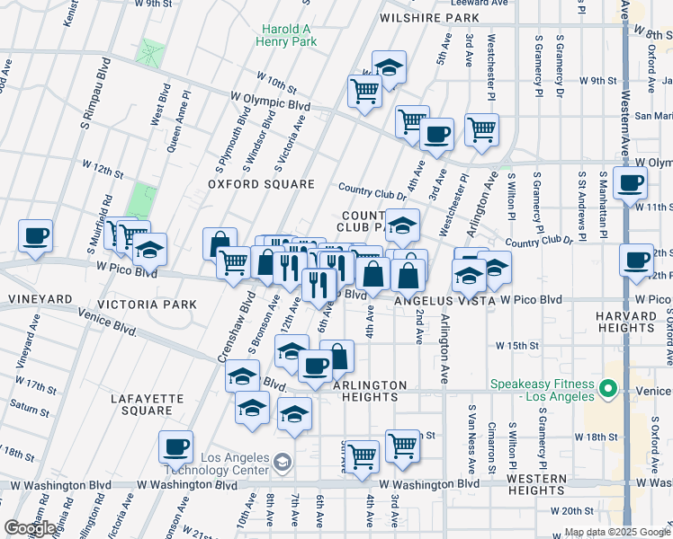 map of restaurants, bars, coffee shops, grocery stores, and more near 1224 South Norton Avenue in Los Angeles