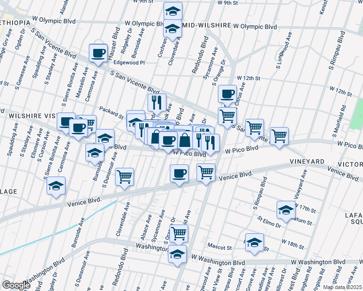 map of restaurants, bars, coffee shops, grocery stores, and more near 1354 South Redondo Boulevard in Los Angeles