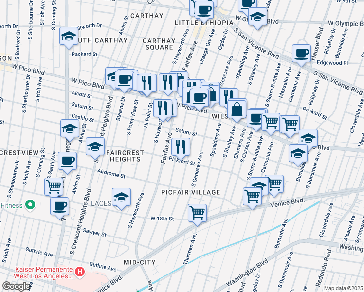 map of restaurants, bars, coffee shops, grocery stores, and more near 1537 South Orange Grove Avenue in Los Angeles