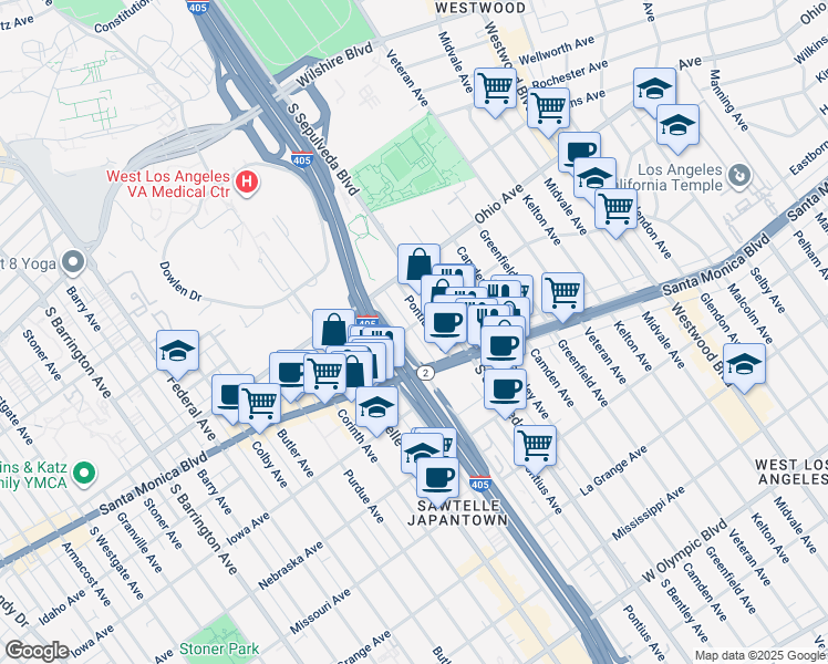 map of restaurants, bars, coffee shops, grocery stores, and more near 1607 Pontius Avenue in Los Angeles