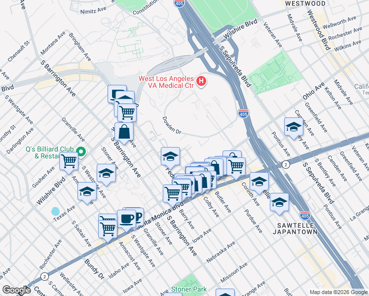 map of restaurants, bars, coffee shops, grocery stores, and more near 11511 Rochester Avenue in Los Angeles