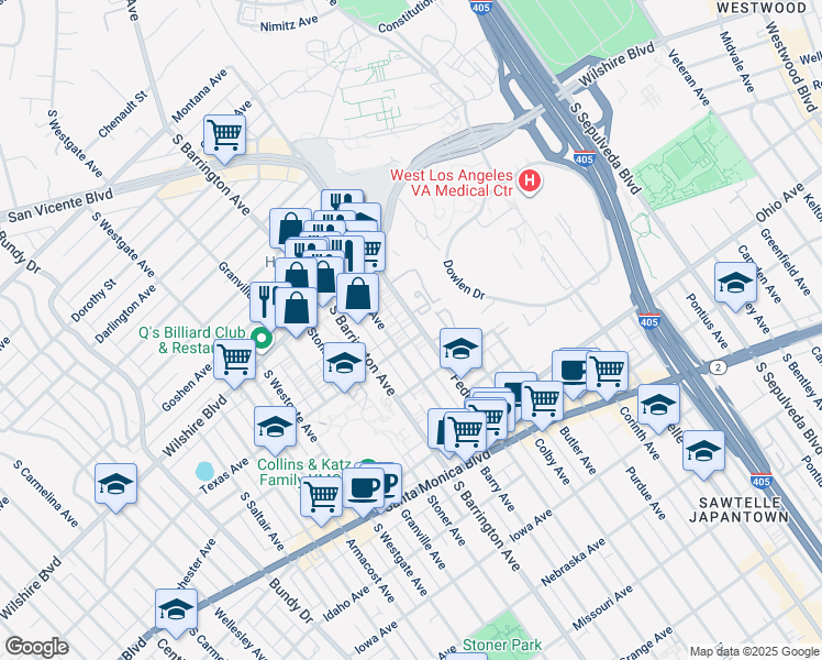 map of restaurants, bars, coffee shops, grocery stores, and more near 1281 Federal Avenue in Los Angeles