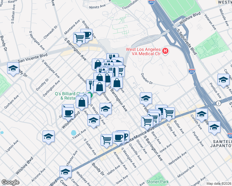 map of restaurants, bars, coffee shops, grocery stores, and more near 1242 South Barrington Avenue in Los Angeles
