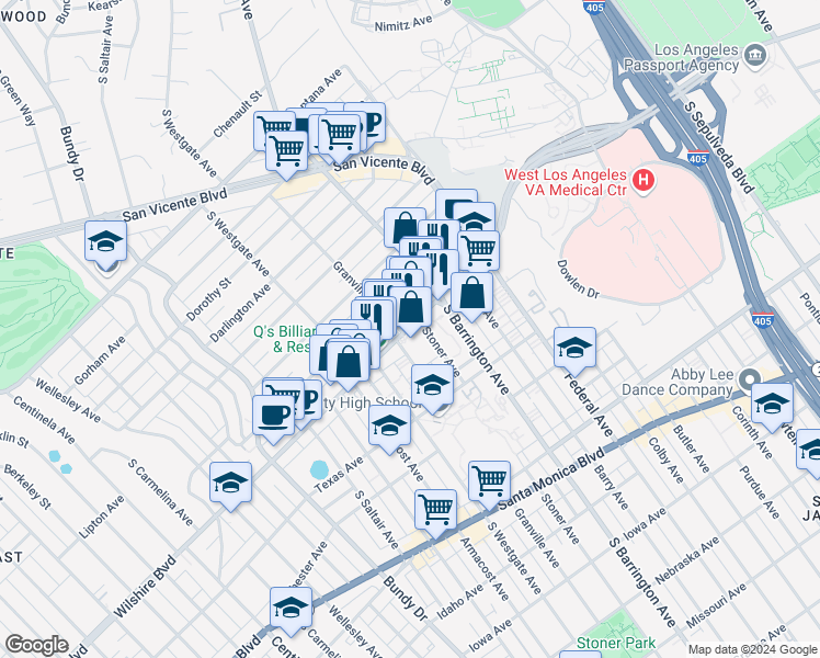 map of restaurants, bars, coffee shops, grocery stores, and more near 11785 Wilshire Boulevard in Los Angeles