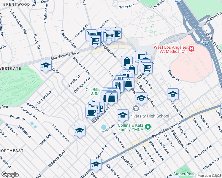 map of restaurants, bars, coffee shops, grocery stores, and more near 11827 Goshen Avenue in Los Angeles