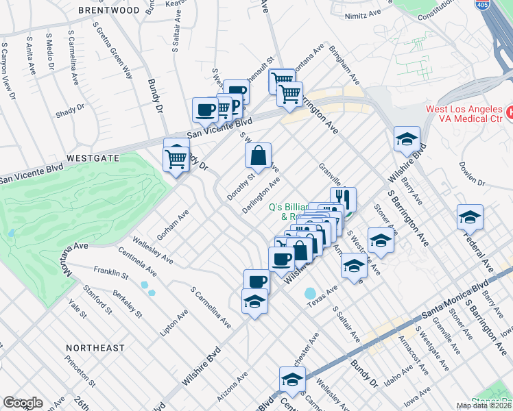 map of restaurants, bars, coffee shops, grocery stores, and more near 11956 Darlington Avenue in Los Angeles