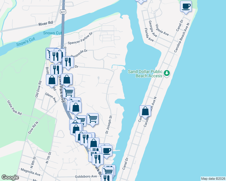 map of restaurants, bars, coffee shops, grocery stores, and more near 1200 Saint Joseph Street in Carolina Beach