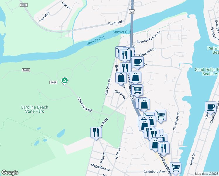map of restaurants, bars, coffee shops, grocery stores, and more near 915 Blanche Ave in Carolina Beach