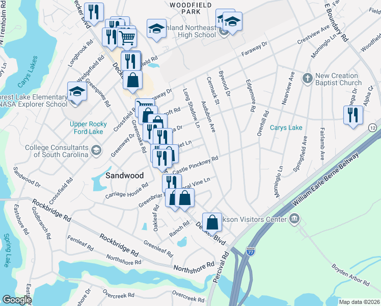map of restaurants, bars, coffee shops, grocery stores, and more near 1114 Robins Nest Road in Columbia