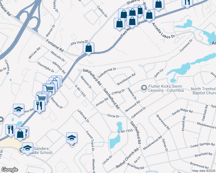 map of restaurants, bars, coffee shops, grocery stores, and more near 6632 Satchelford Road in Columbia