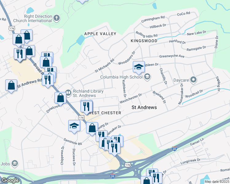 map of restaurants, bars, coffee shops, grocery stores, and more near 202 Luther Road in Columbia