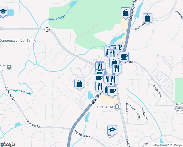 map of restaurants, bars, coffee shops, grocery stores, and more near 11100 Brunson Drive in Duluth