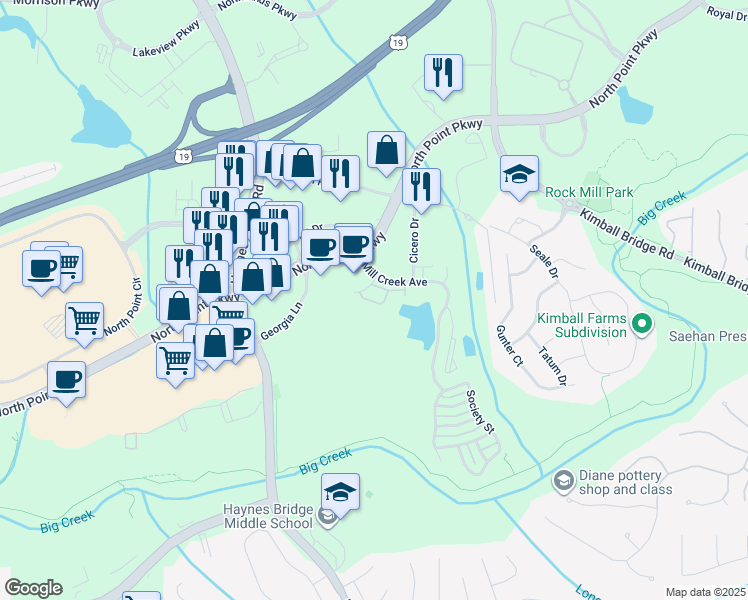 map of restaurants, bars, coffee shops, grocery stores, and more near 2556 Wander Trail in Alpharetta